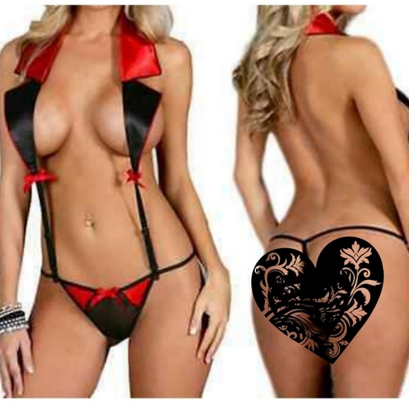 Other - Red & Black Satin Tuxedo Bralette Panty Set O/S